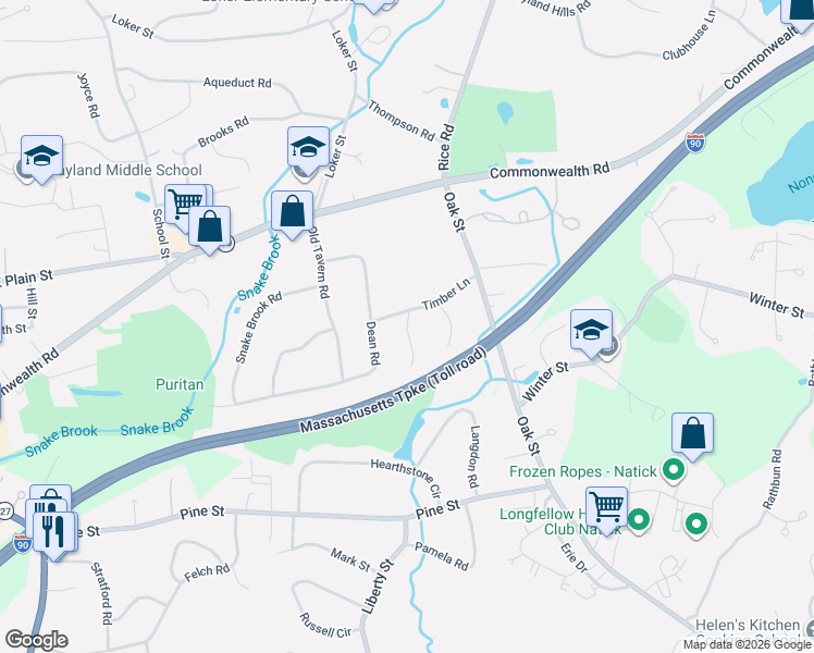 map of restaurants, bars, coffee shops, grocery stores, and more near 4 Eden Road in Wayland