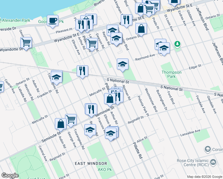 map of restaurants, bars, coffee shops, grocery stores, and more near 1340 Olive Road in Windsor