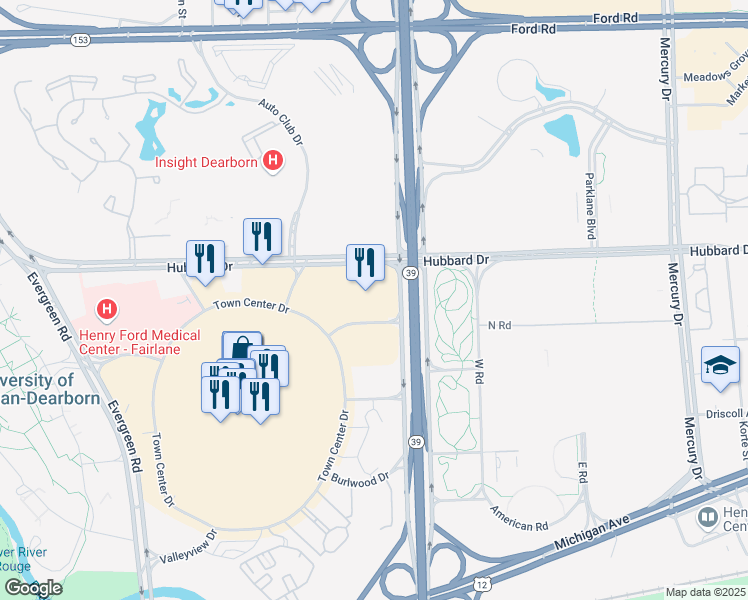 map of restaurants, bars, coffee shops, grocery stores, and more near 300 Town Center Drive in Dearborn