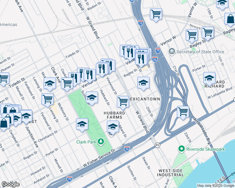 map of restaurants, bars, coffee shops, grocery stores, and more near 1569 Vinewood Street in Detroit