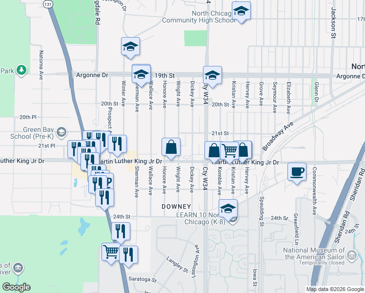 map of restaurants, bars, coffee shops, grocery stores, and more near 2106 Dickey Avenue in North Chicago