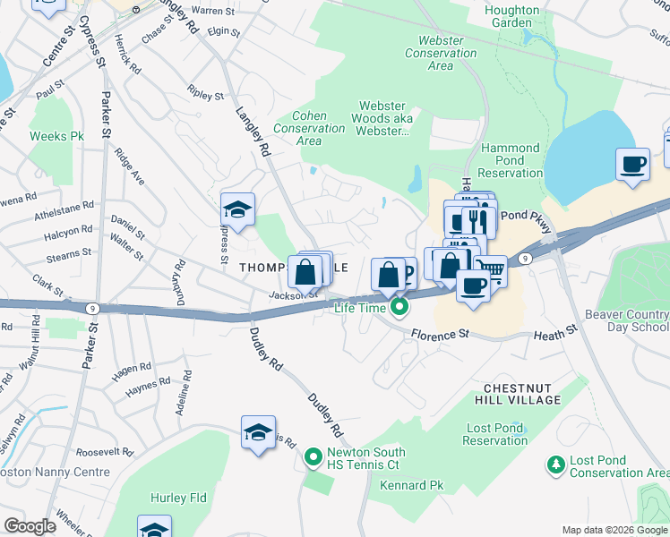 map of restaurants, bars, coffee shops, grocery stores, and more near 78 John Street in Newton
