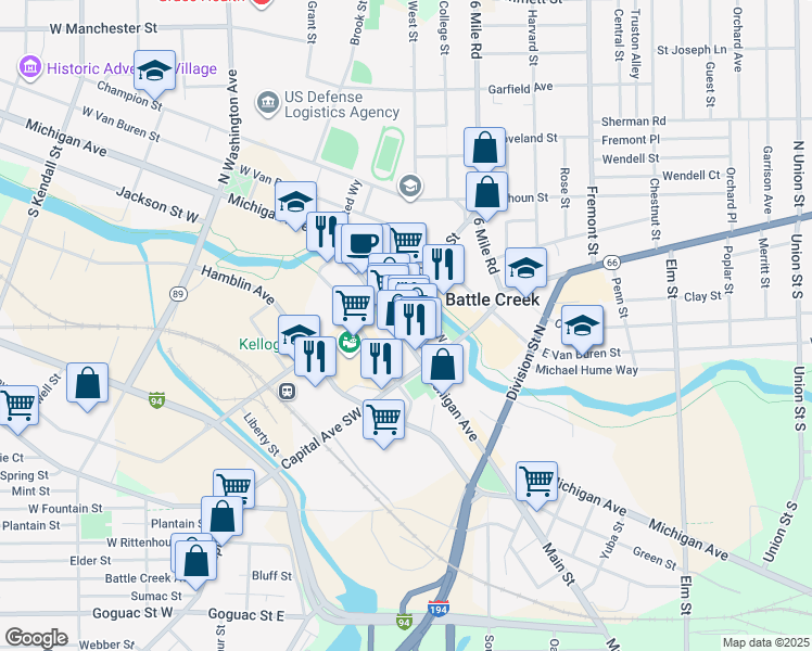 map of restaurants, bars, coffee shops, grocery stores, and more near 64 Michigan Avenue in Battle Creek