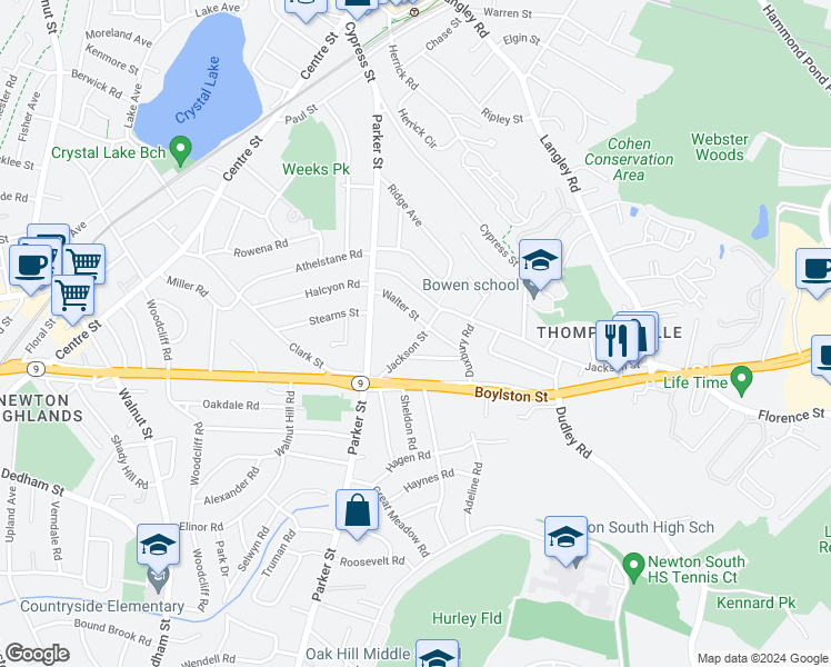 map of restaurants, bars, coffee shops, grocery stores, and more near 239 Jackson Street in Newton