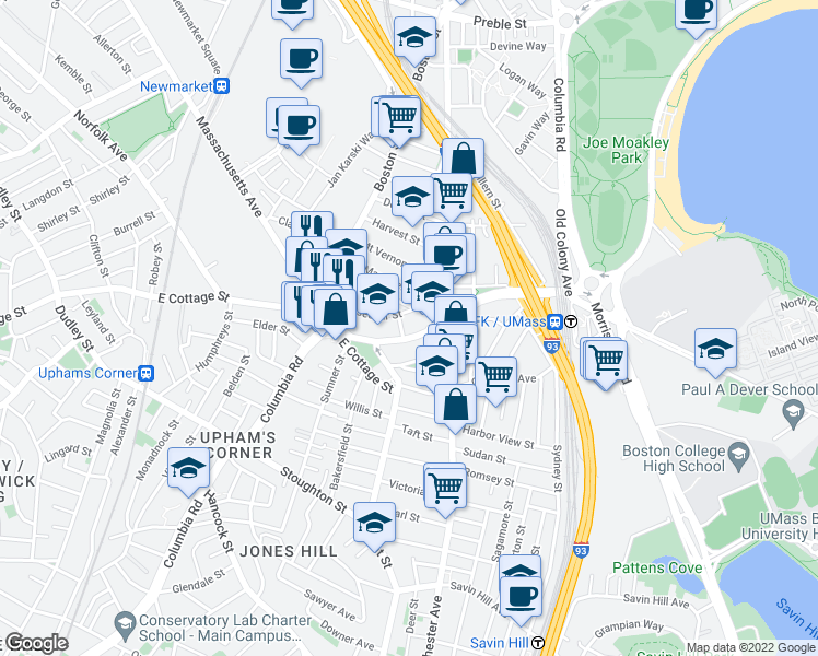 map of restaurants, bars, coffee shops, grocery stores, and more near 774 Columbia Road in Boston