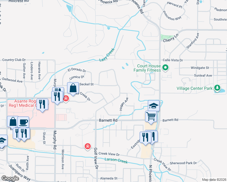 map of restaurants, bars, coffee shops, grocery stores, and more near 410 Golf View Drive in Medford