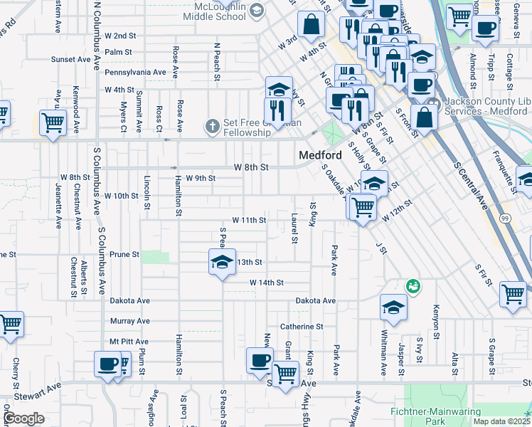 map of restaurants, bars, coffee shops, grocery stores, and more near 811 West 10th Street in Central Point