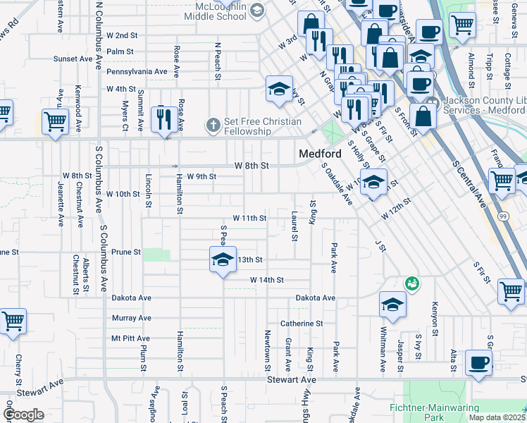 map of restaurants, bars, coffee shops, grocery stores, and more near 811 West 10th Street in Central Point