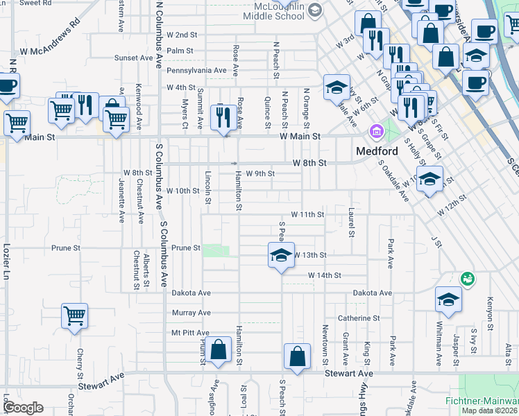 map of restaurants, bars, coffee shops, grocery stores, and more near 1125 West 10th Street in Medford