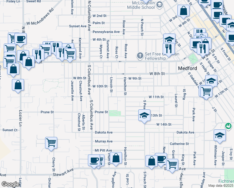 map of restaurants, bars, coffee shops, grocery stores, and more near 1122 West 11th Street in Medford