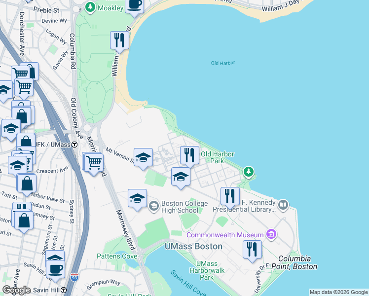 map of restaurants, bars, coffee shops, grocery stores, and more near 62-98 Westwind Road in Boston