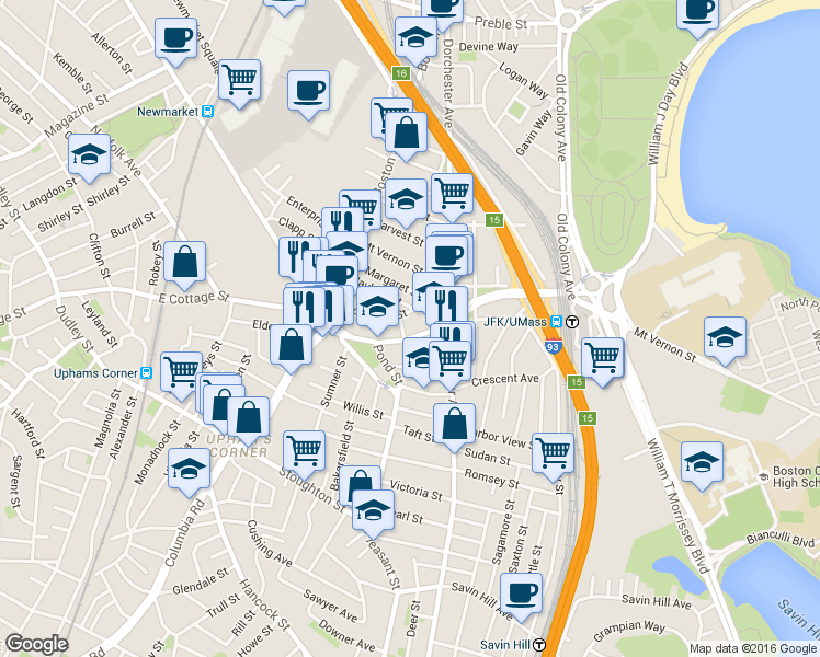 map of restaurants, bars, coffee shops, grocery stores, and more near 69 Roseclair Street in Boston