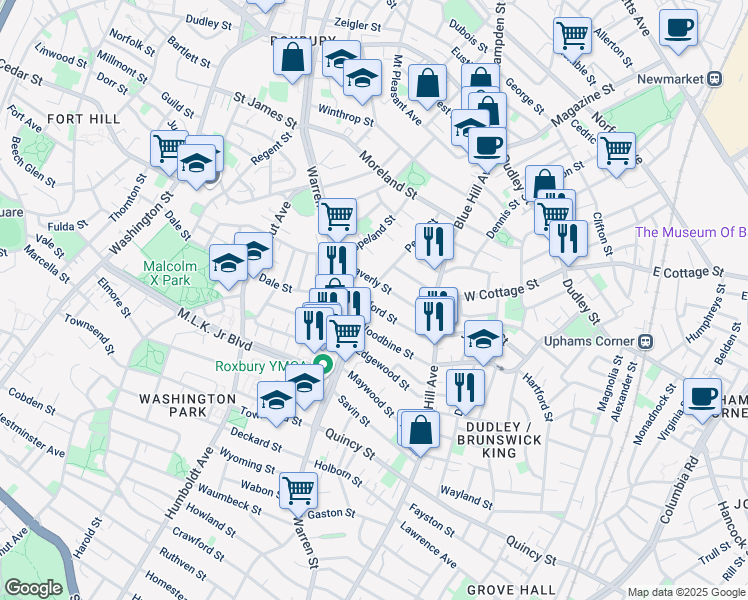 map of restaurants, bars, coffee shops, grocery stores, and more near 31 Waverly Street in Boston