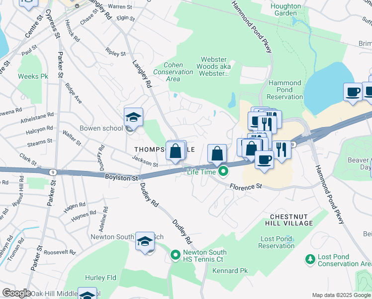 map of restaurants, bars, coffee shops, grocery stores, and more near 78 John Street in Newton