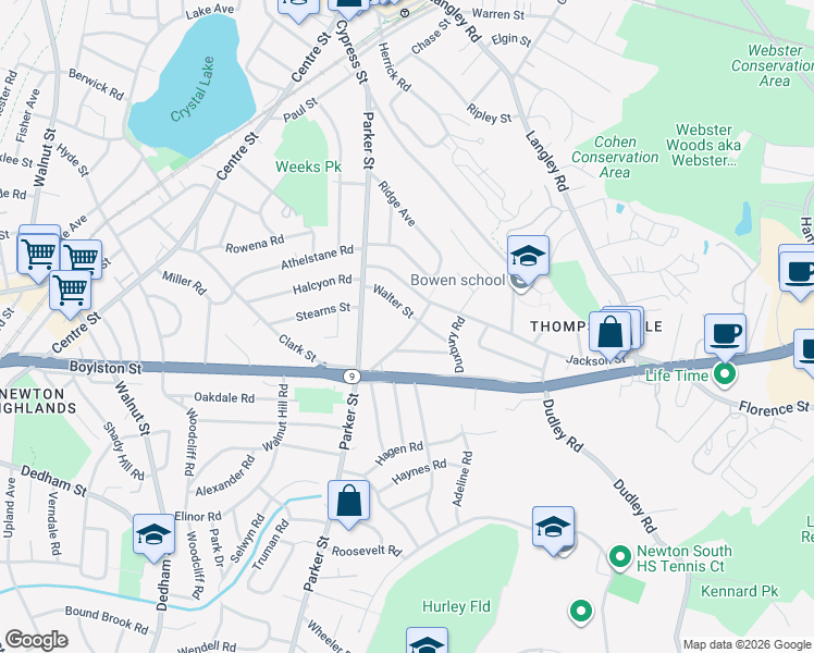 map of restaurants, bars, coffee shops, grocery stores, and more near 26 Walter Street in Newton