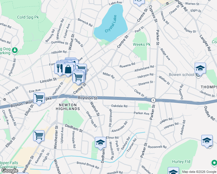 map of restaurants, bars, coffee shops, grocery stores, and more near 35 Cloverdale Road in Newton