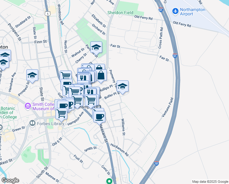 map of restaurants, bars, coffee shops, grocery stores, and more near 59 Phillips Place in Northampton