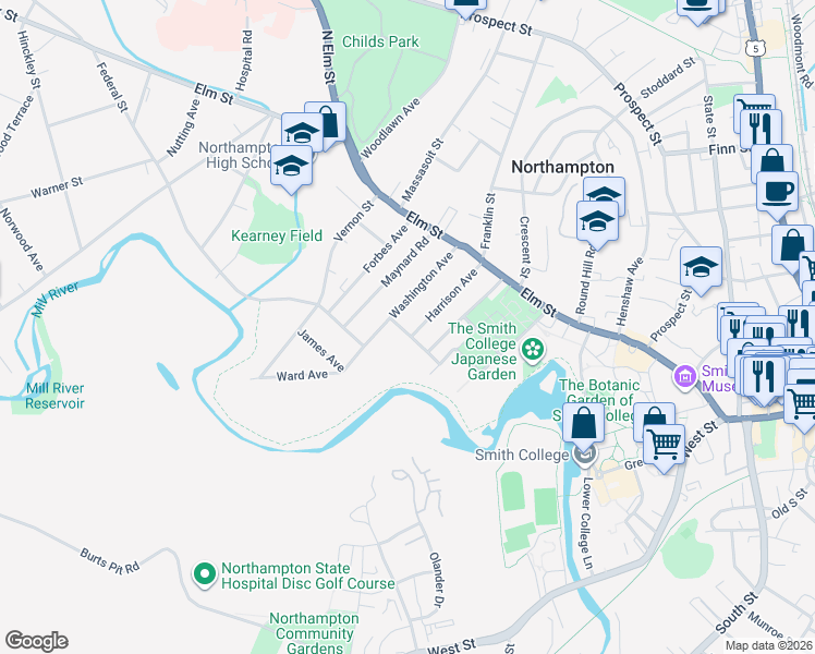 map of restaurants, bars, coffee shops, grocery stores, and more near 57 Washington Avenue in Northampton