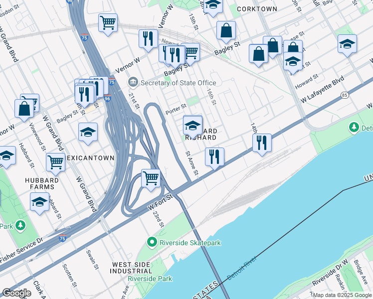 map of restaurants, bars, coffee shops, grocery stores, and more near 1201 Saint Anne Street in Detroit