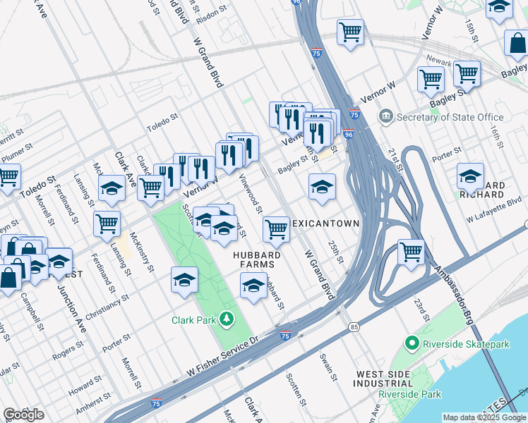 map of restaurants, bars, coffee shops, grocery stores, and more near 1569 Vinewood Street in Detroit
