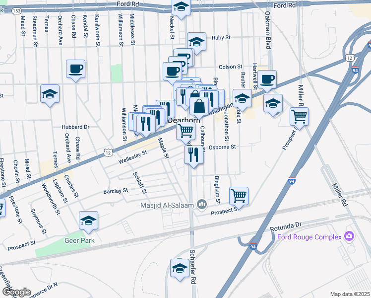 map of restaurants, bars, coffee shops, grocery stores, and more near 4425 Schaefer Road in Dearborn