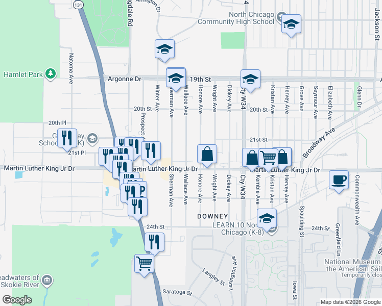 map of restaurants, bars, coffee shops, grocery stores, and more near 2104 Wallace Avenue in North Chicago
