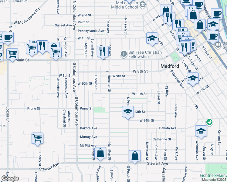 map of restaurants, bars, coffee shops, grocery stores, and more near 1044 West 11th Street in Medford