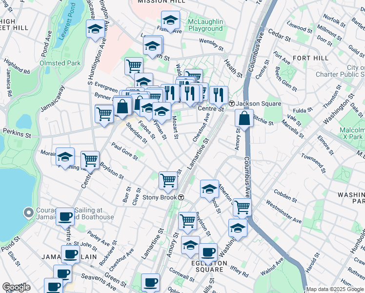 map of restaurants, bars, coffee shops, grocery stores, and more near 54 Mozart Street in Boston