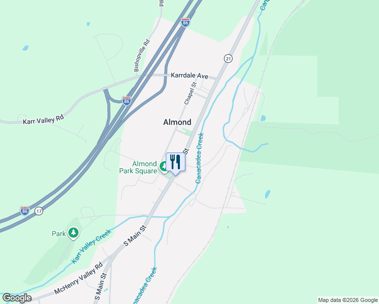 map of restaurants, bars, coffee shops, grocery stores, and more near 44 Main Street in Almond