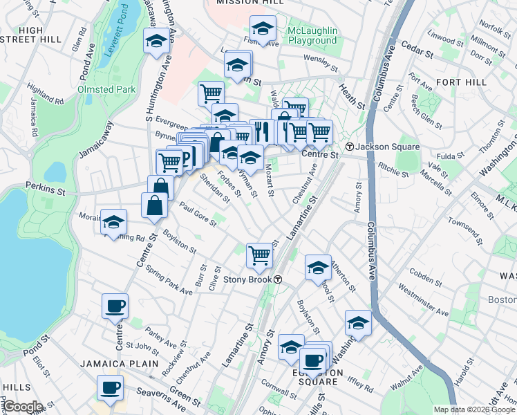 map of restaurants, bars, coffee shops, grocery stores, and more near 65 Wyman Street in Boston