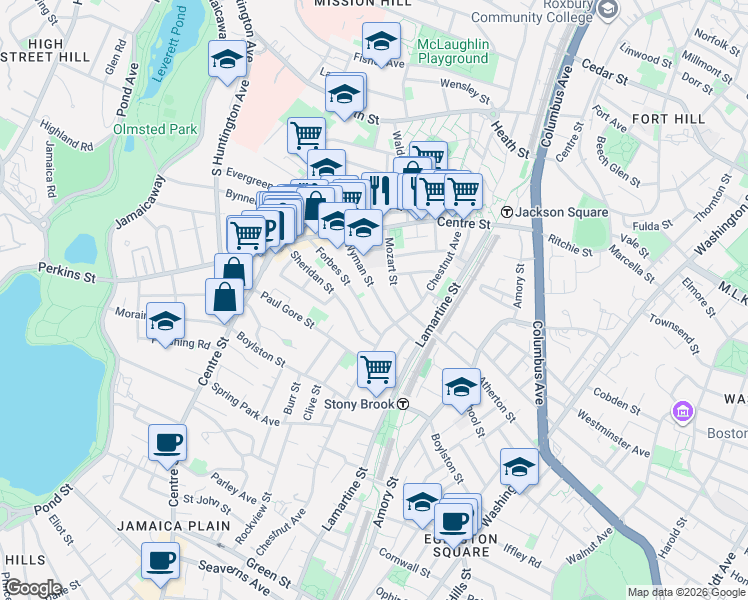 map of restaurants, bars, coffee shops, grocery stores, and more near 47 Wyman Street in Boston