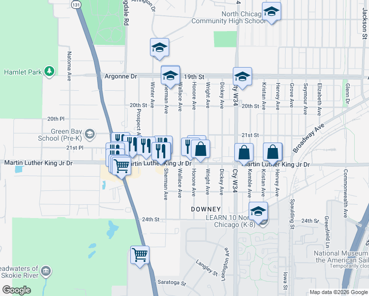 map of restaurants, bars, coffee shops, grocery stores, and more near 2104 Wallace Avenue in North Chicago