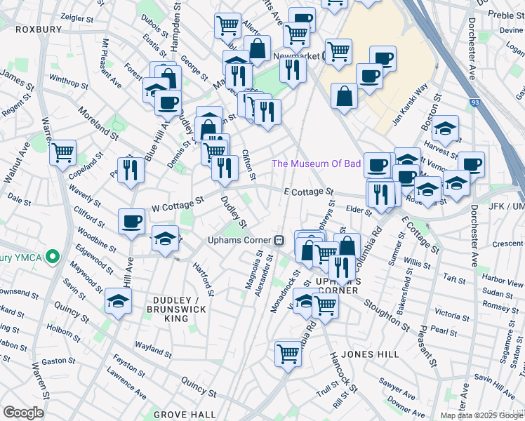 map of restaurants, bars, coffee shops, grocery stores, and more near 59 Clifton Street in Boston