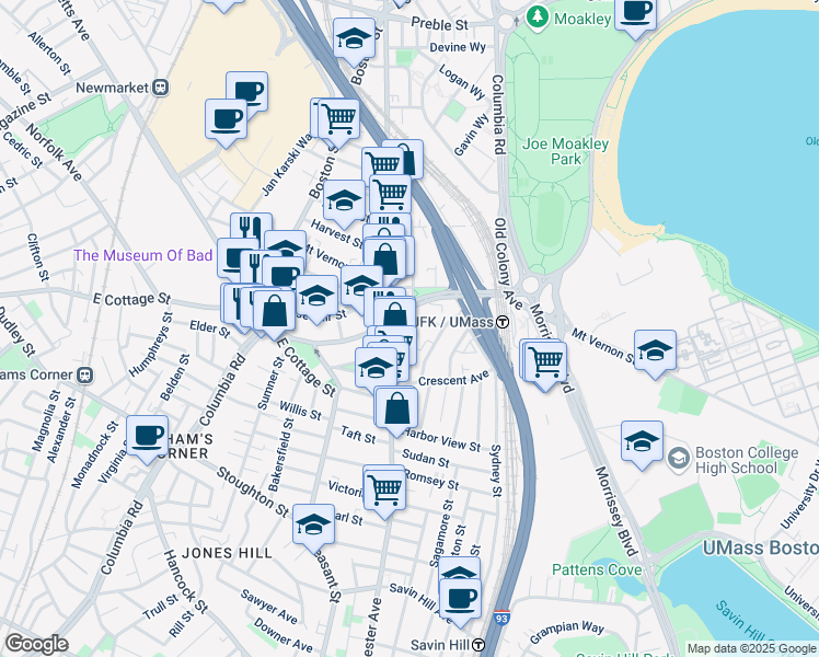 map of restaurants, bars, coffee shops, grocery stores, and more near 32 Buttonwood Street in Boston