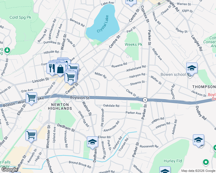 map of restaurants, bars, coffee shops, grocery stores, and more near 35 Cloverdale Road in Newton