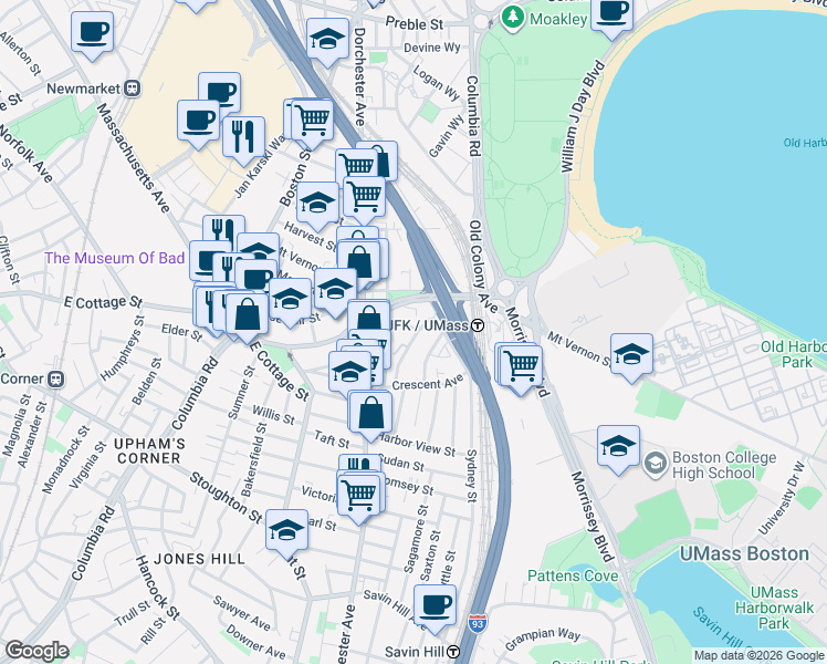 map of restaurants, bars, coffee shops, grocery stores, and more near 839 Columbia Road in Boston