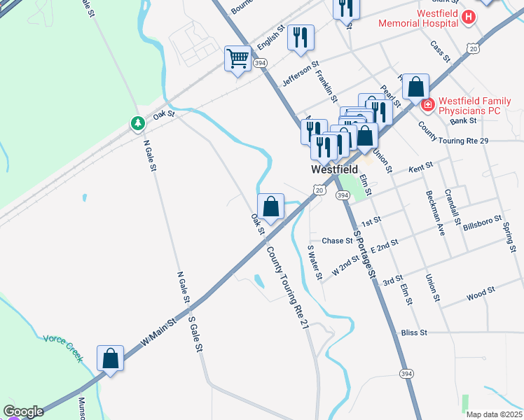 map of restaurants, bars, coffee shops, grocery stores, and more near 17 Terrace Street in Westfield