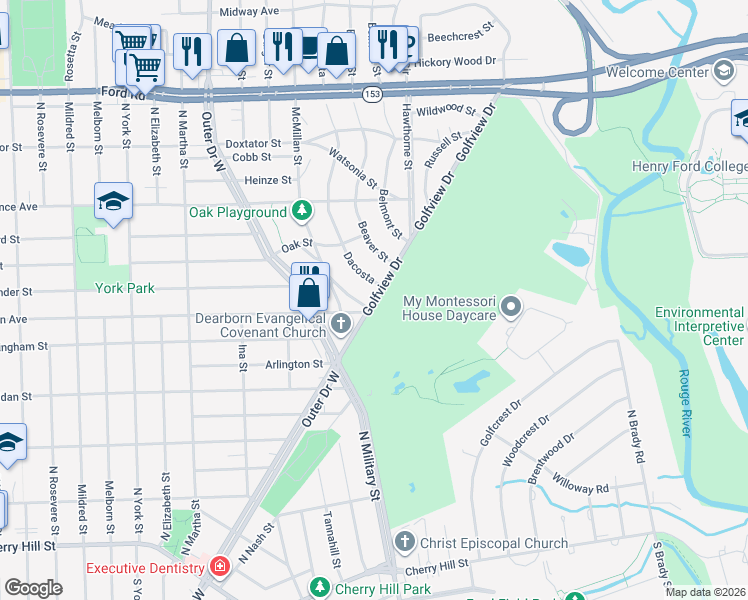 map of restaurants, bars, coffee shops, grocery stores, and more near 1141 Golfview Drive in Dearborn