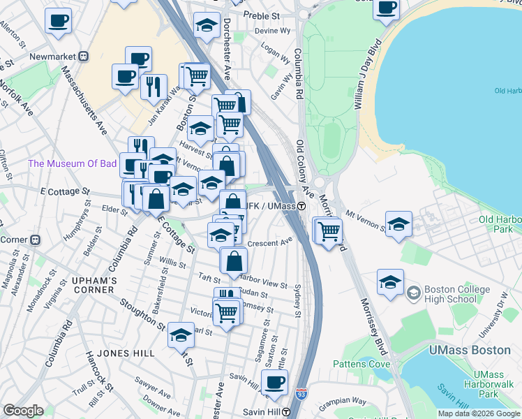map of restaurants, bars, coffee shops, grocery stores, and more near 839 Columbia Road in Boston