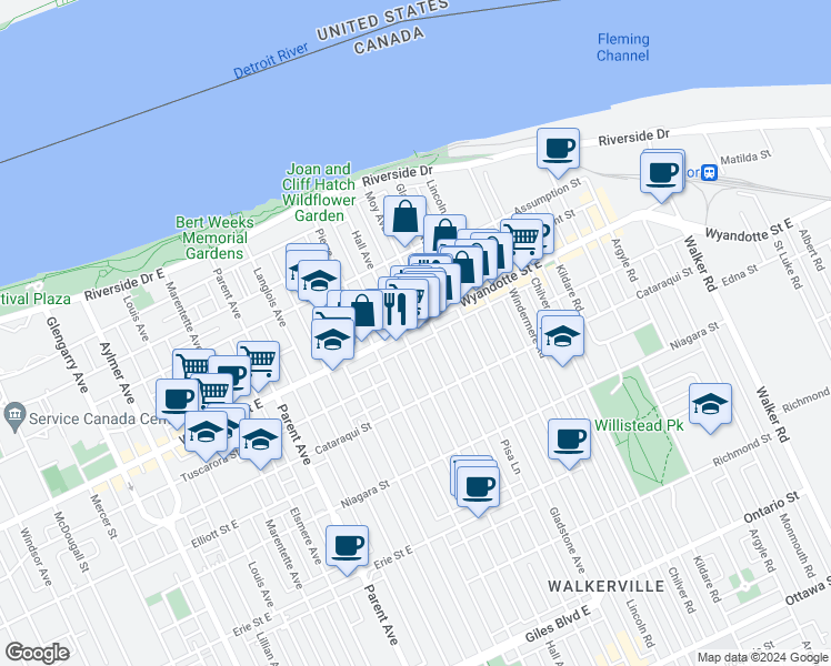map of restaurants, bars, coffee shops, grocery stores, and more near 1335 Wyandotte Street East in Windsor