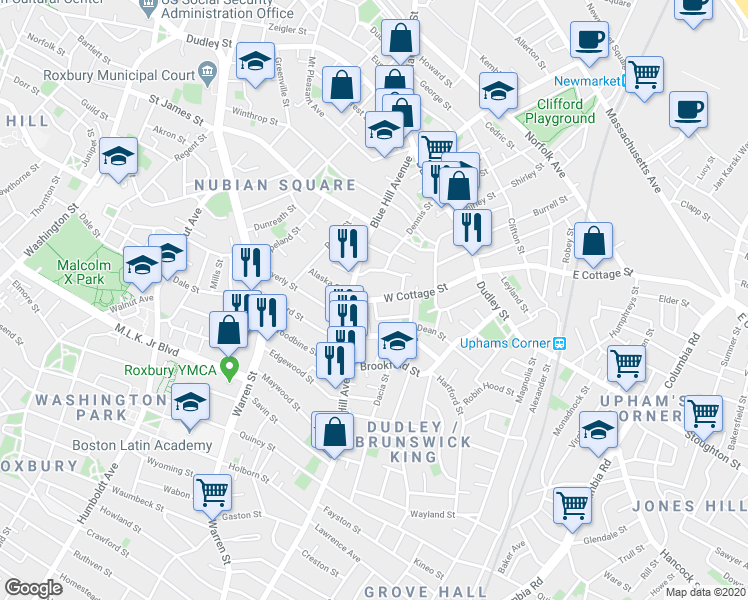 map of restaurants, bars, coffee shops, grocery stores, and more near W Cottage St & Gayland St in Boston