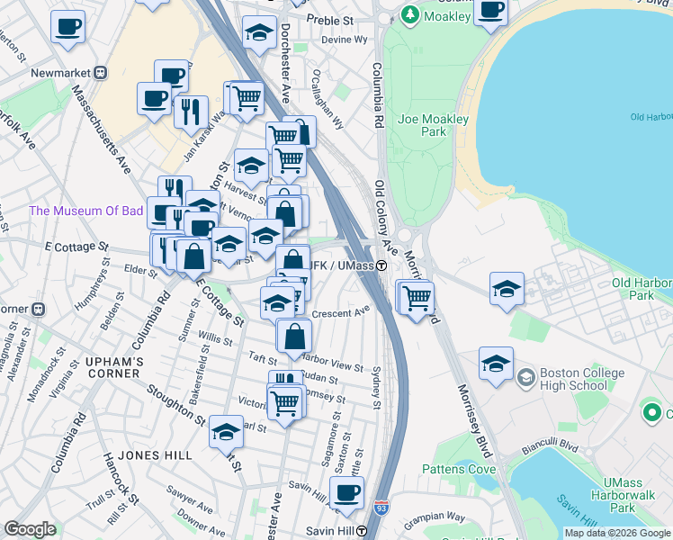 map of restaurants, bars, coffee shops, grocery stores, and more near 839 Columbia Road in Boston