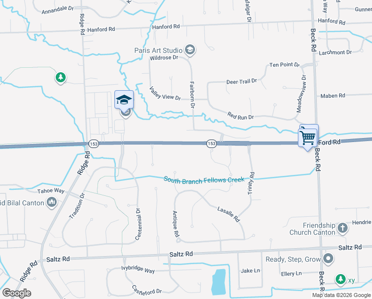map of restaurants, bars, coffee shops, grocery stores, and more near 48375 Ford Road in Canton