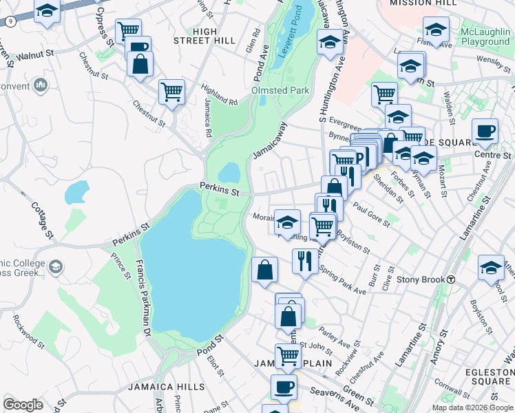 map of restaurants, bars, coffee shops, grocery stores, and more near 332 Jamaicaway in Boston