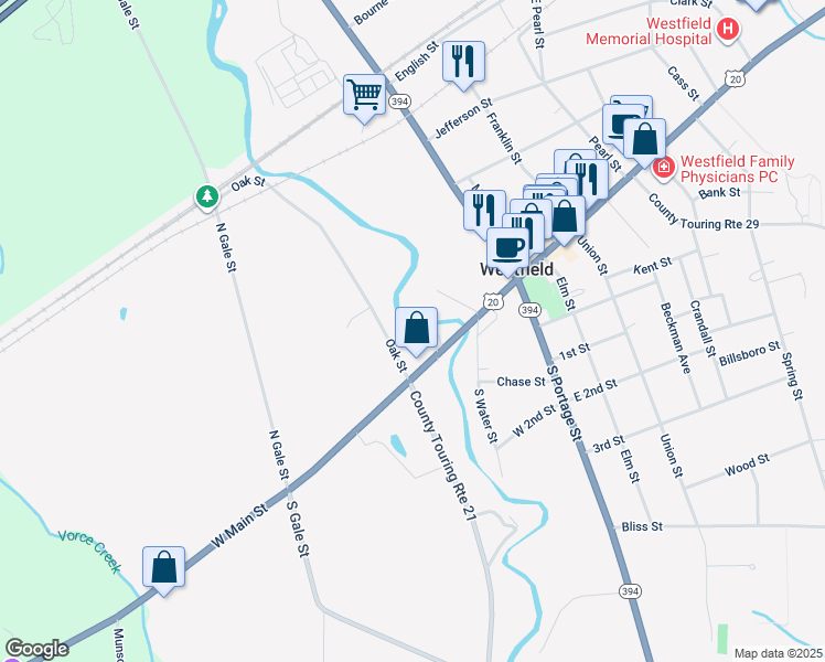 map of restaurants, bars, coffee shops, grocery stores, and more near 17 Terrace Street in Westfield