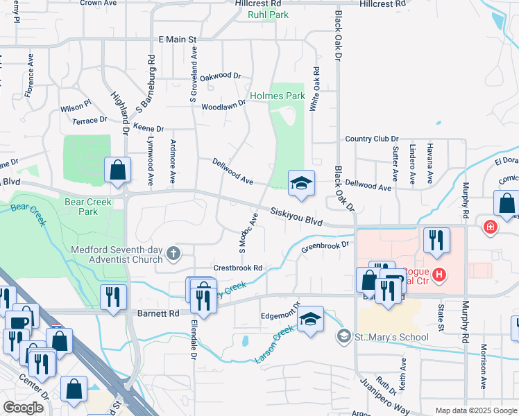 map of restaurants, bars, coffee shops, grocery stores, and more near 401 South Modoc Avenue in Medford