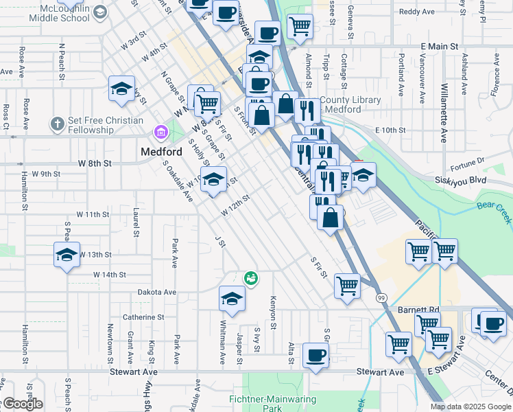 map of restaurants, bars, coffee shops, grocery stores, and more near 501 South Grape Street in Medford