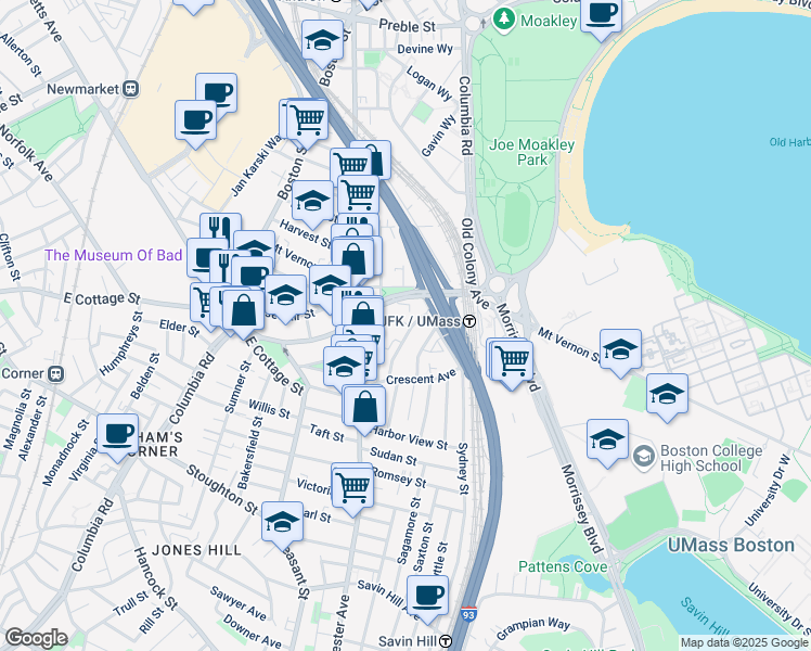 map of restaurants, bars, coffee shops, grocery stores, and more near 839 Columbia Road in Boston