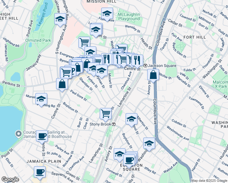map of restaurants, bars, coffee shops, grocery stores, and more near 54 Mozart Street in Boston