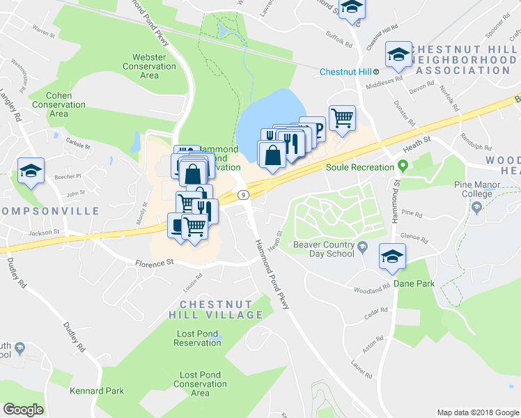 map of restaurants, bars, coffee shops, grocery stores, and more near 231 Hammond Pond Parkway in Newton